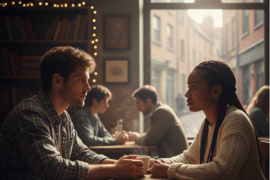 Pareja hablando juntos en una cafetería